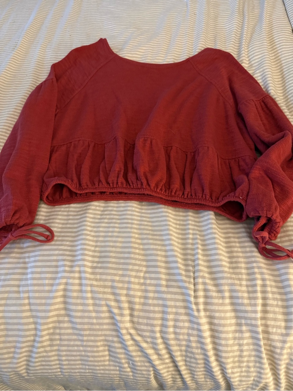 aerie Brick Red Cropped Long-Sleeve Top with Tie Sleeves